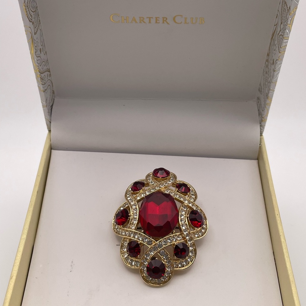 Charter Club Red and Gold Ornate Brooch